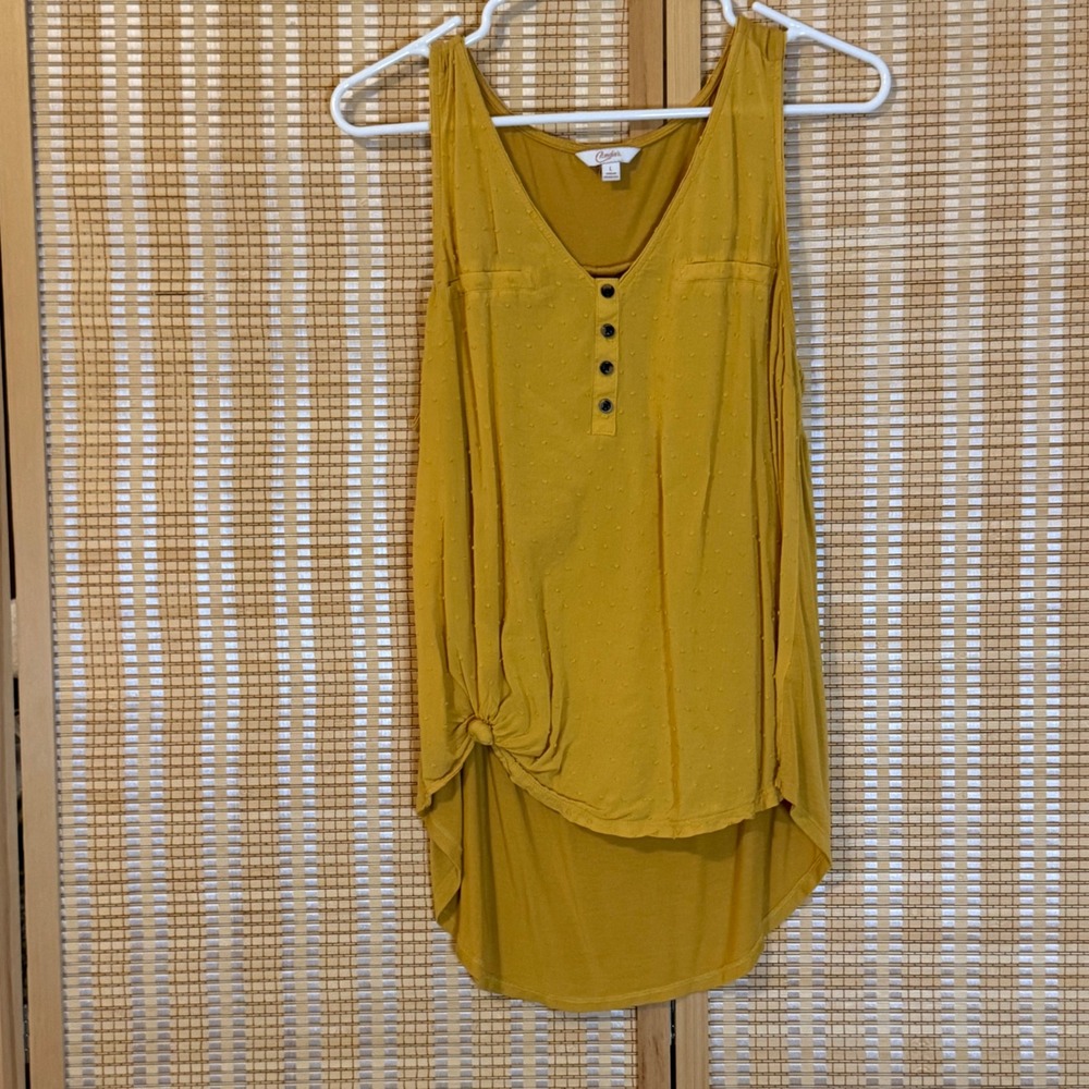 Candie's Mustard Yellow Clip Dot Henley Tank Top High Low Tie Front Large